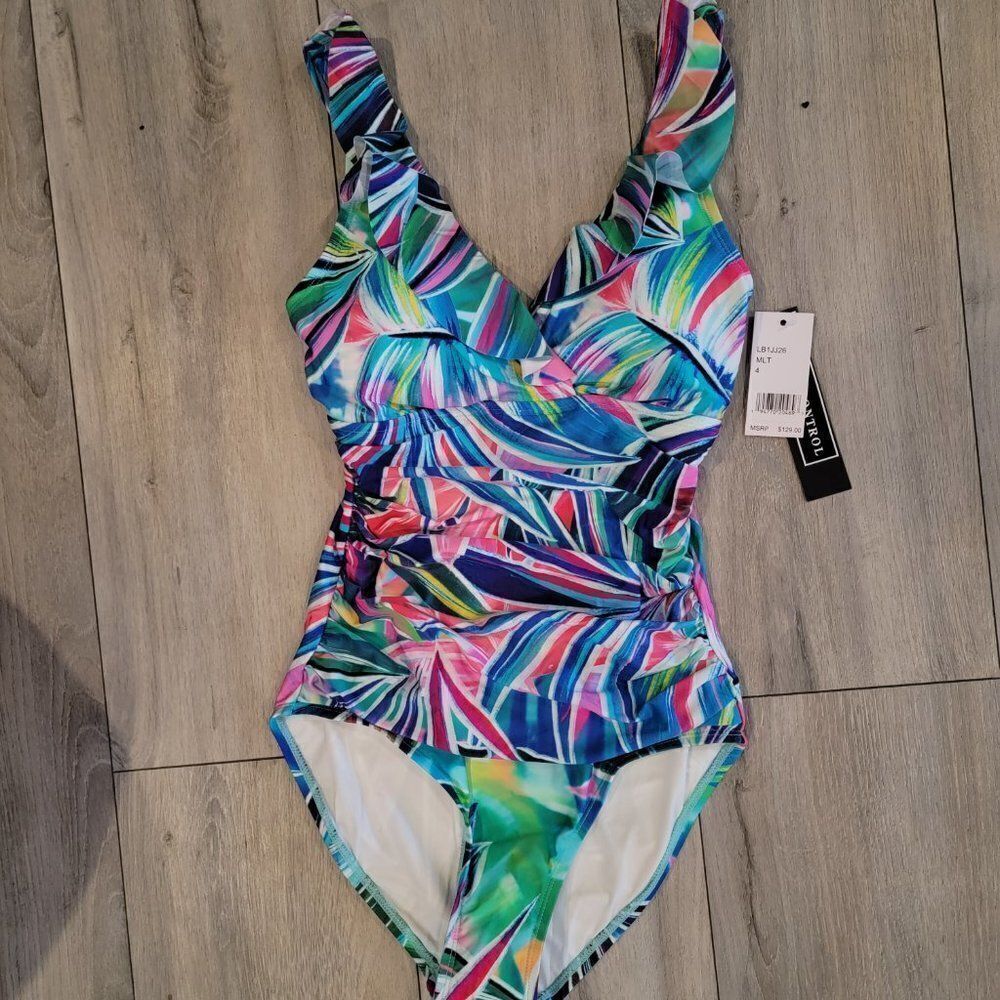 La Blanca Women's Multi Palm Opulence Ruffle Surplice One-piece Swimsuit size 4